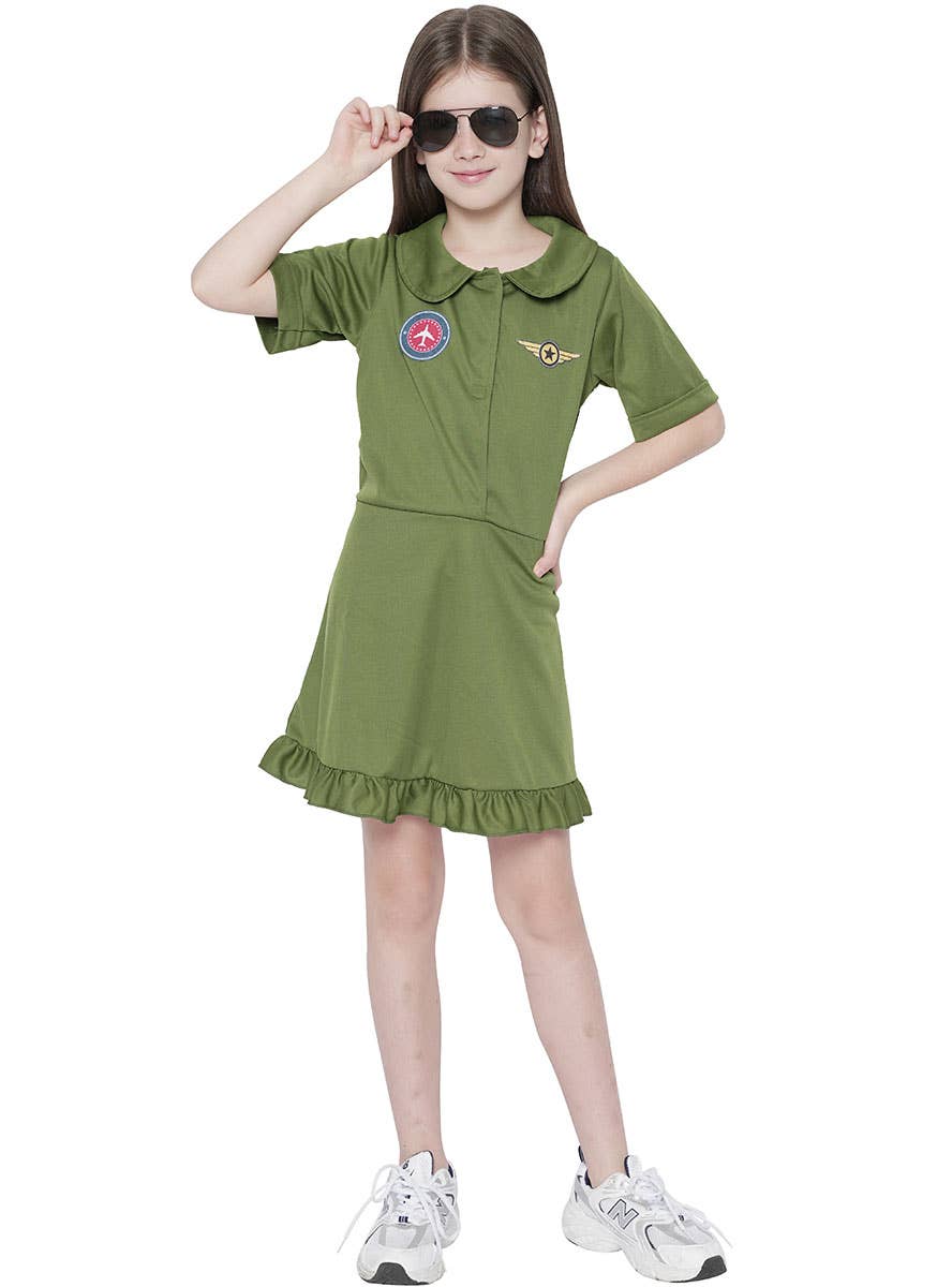 Image of Khaki Fighter Pilot Girl's Aviator Dress Up Costume - Front View