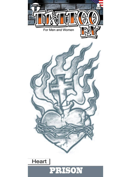 Image of Flaming Heart and Cross Temporary Prison Costume Tattoo