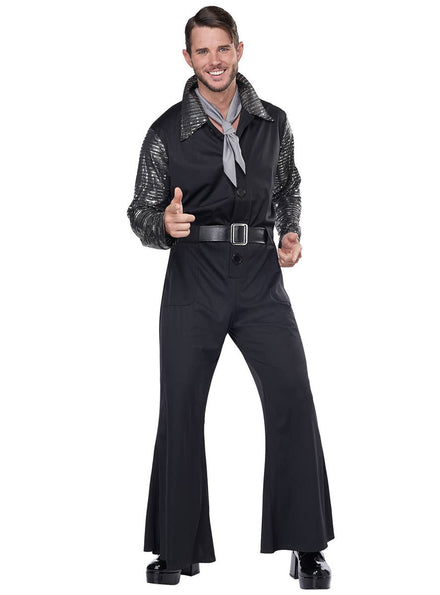 Black and Silver Men's Flashy 70's Costume Jumpsuit - Main Image