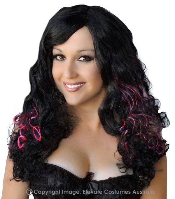 Black And Pink Women's Curly Costume Wig With Fringe - Second Image