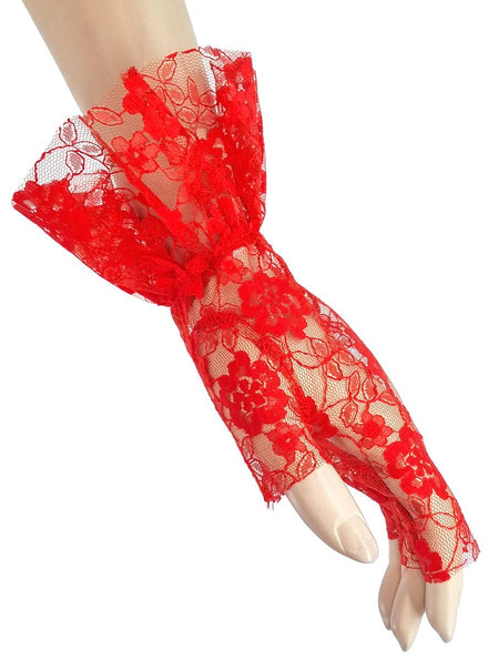 Image of Floral Red Lace Ruffle 80's Fingerless Costume Gloves