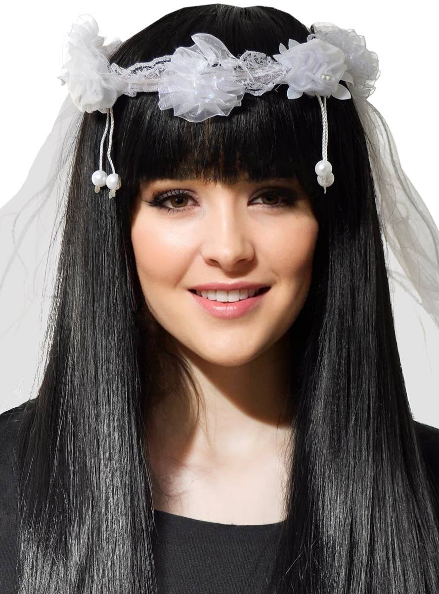 Image of Long White Mesh Hen's Night Bridal Veil Headpiece - Alternate Image