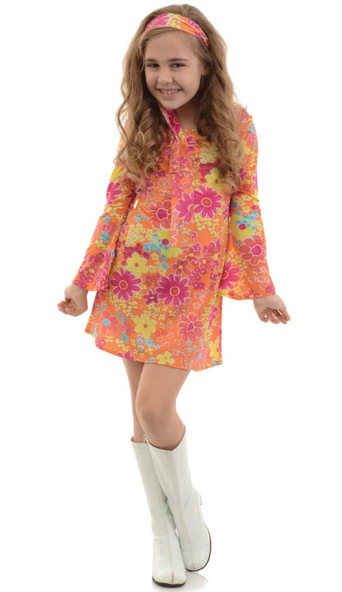 Girls Flower Child 1970s Hippie Costume Dress -  Main Image