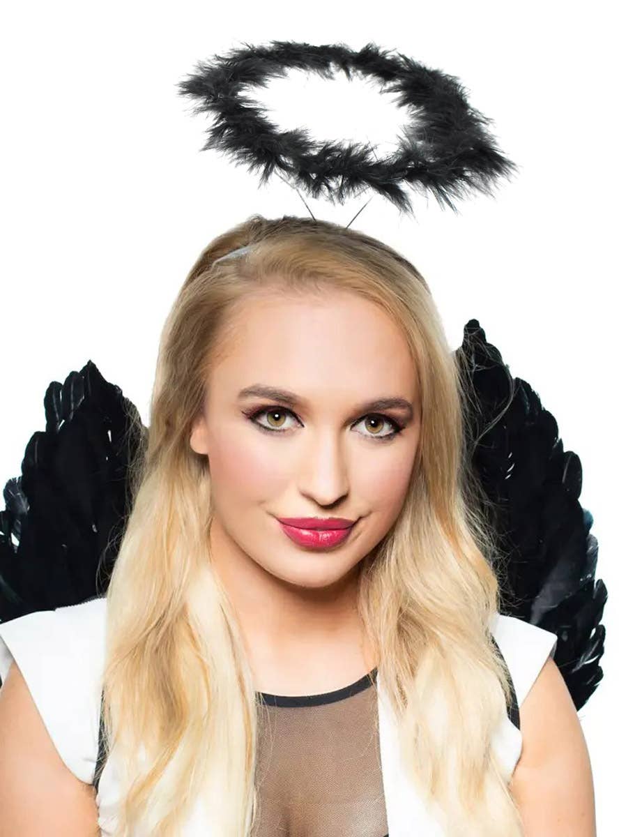 Image of Dark Black Fluffy Feather Angel Halo Costume Accessory