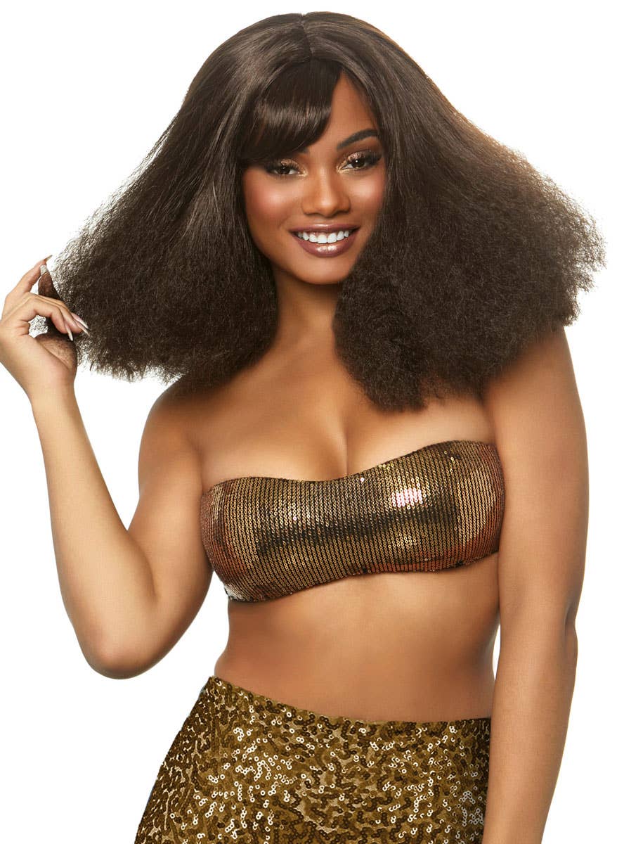 Disco Diva Women's Fluffy Brown Costume Wig with Fringe - Main Image