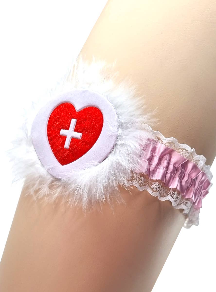 Image of Fluffy Pink and White Sexy Nurse Costume Garter