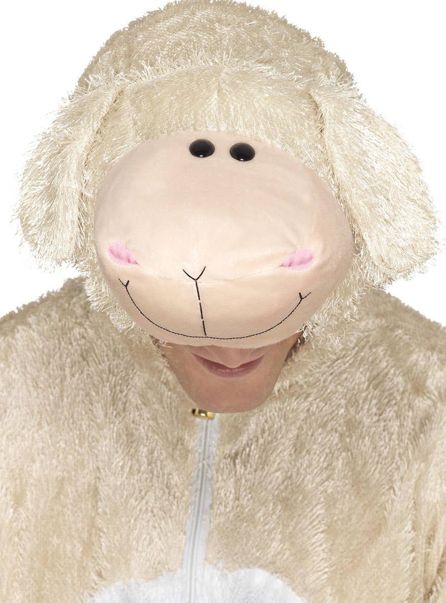 Image of Fluffy Cream Lamb Men's Onesie Costume - Close Up Image