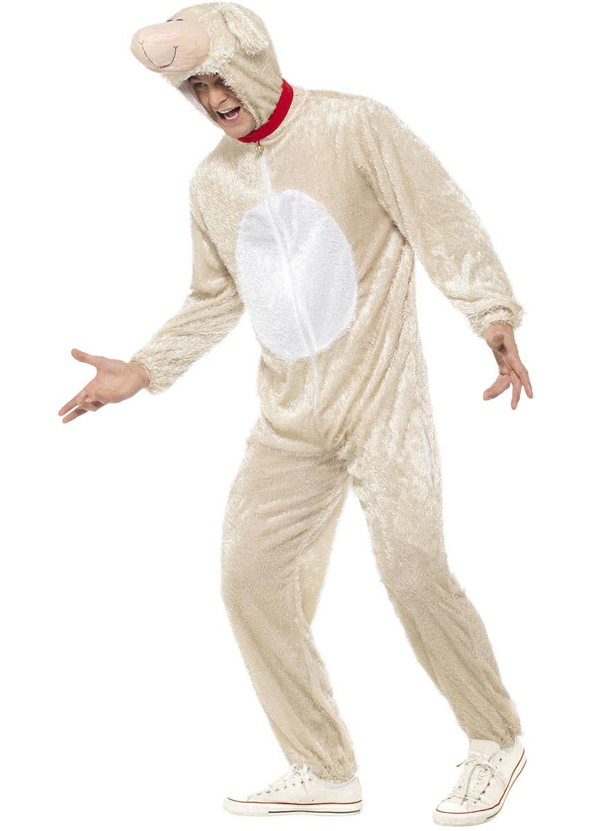 Image of Fluffy Cream Lamb Men's Onesie Costume - Side Image