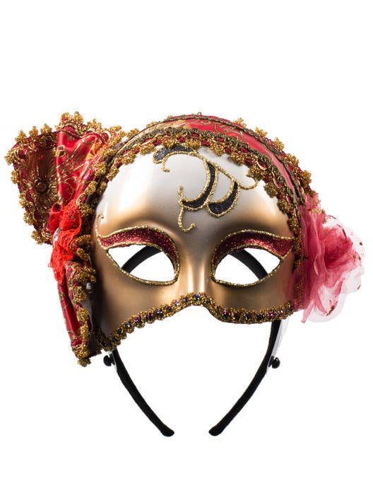 Venetian Half Face Masquerade Mask with Red and Gold Trim Details - View 1