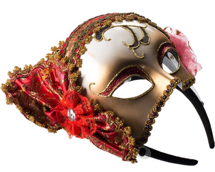 Venetian Half Face Masquerade Mask with Red and Gold Trim Details - View 2