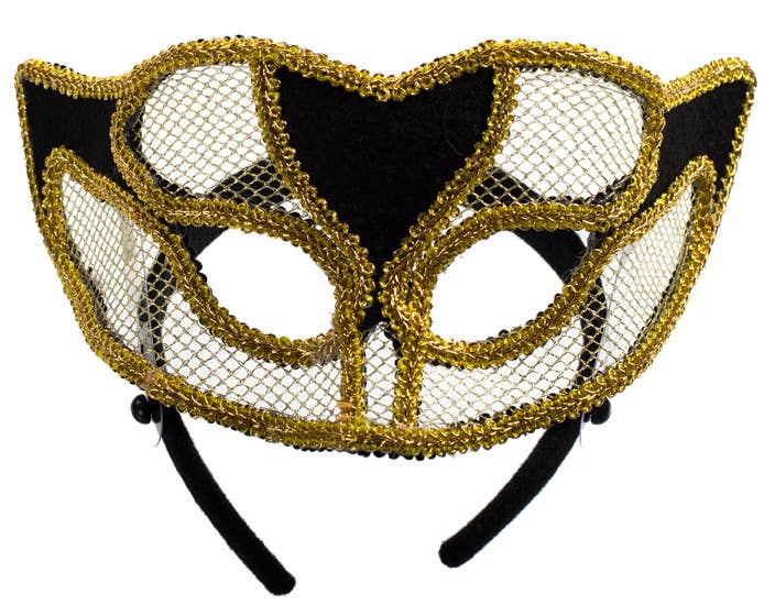 Metallic Gold Net Masquerade Mask on Headband View 1