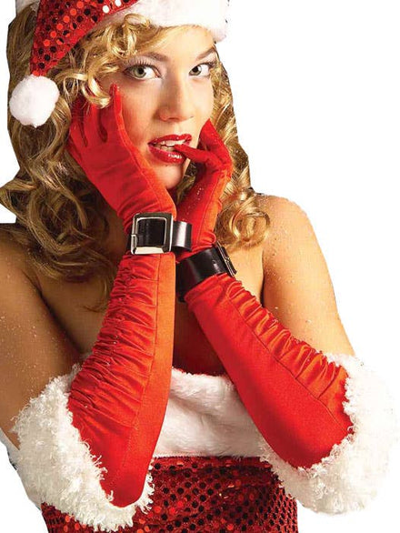 Rouched Red Satin Miss Santa Christmas Costume Gloves