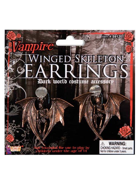 Bronze Clip On Bat Winged Skeleton Costume Earrings - Main View