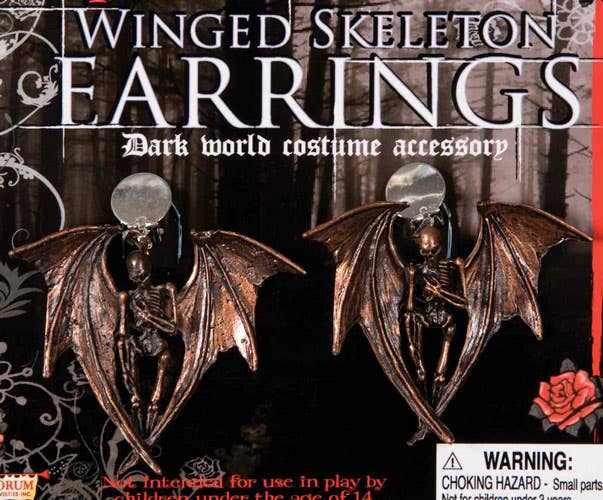 Bronze Clip On Bat Winged Skeleton Costume Earrings - Alternative View