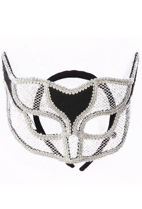 Silver Cut Out Net Masquerade Mask on Headband