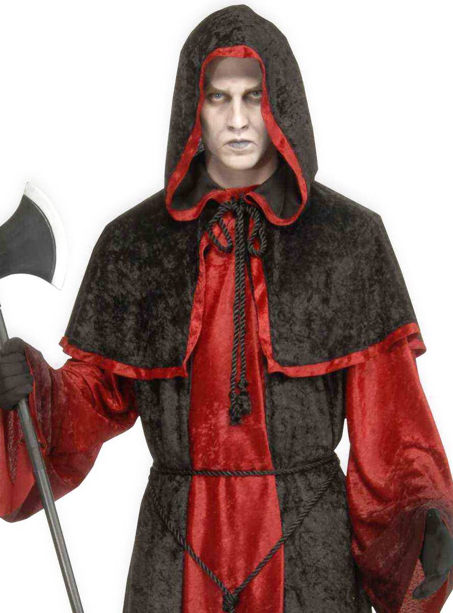 Gothic Red and Black Mens Demon Halloween Costume Robe - Close Up