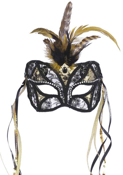 White and Gold Lace Masquerade Mask with Feathers View 1