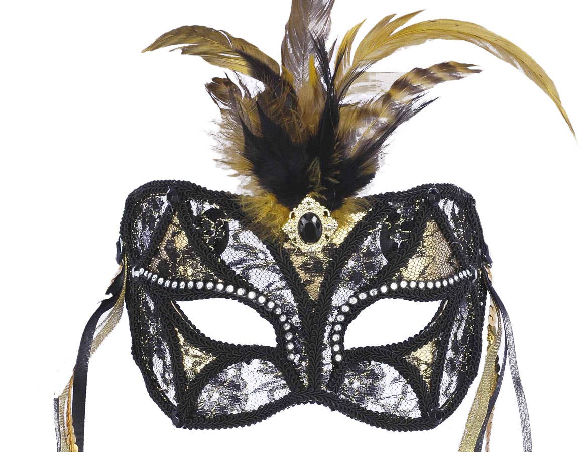 White and Gold Lace Masquerade Mask with Feathers View 2