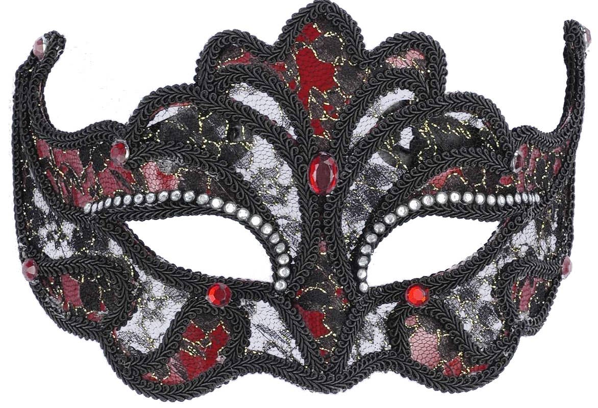 Red and White Masquerade Mask With Black Trim Edges and Lace Overlay - Alternate Image