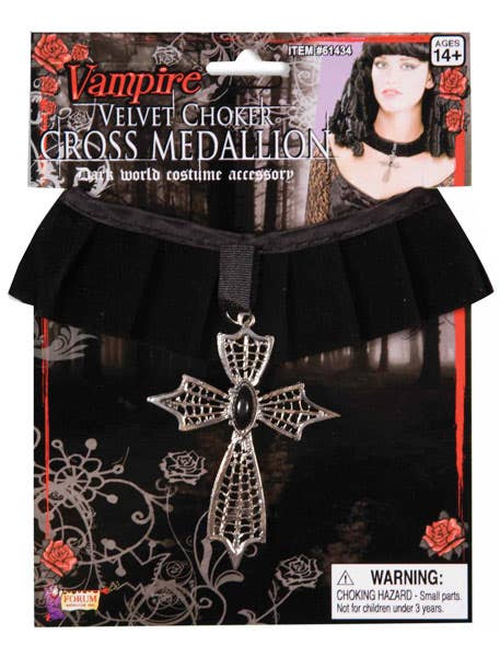 Halloween Women's Choker Necklace Black Velvet With Cross Medallion Front Image 1