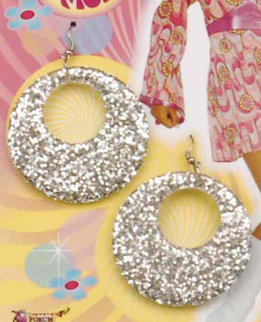 Womens Silver Glitter Mod 60s Costume Earrings - Close Image