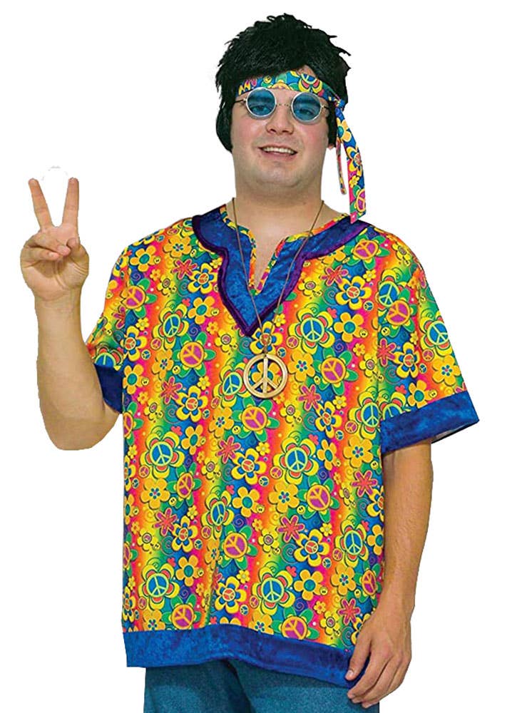 Colour Retro Hippie Dude Costume | Plus Size Mens 70s Dress Up