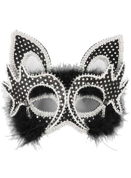 Black and Silver Sequinned Cat Masquerade Mask with Ears View 1