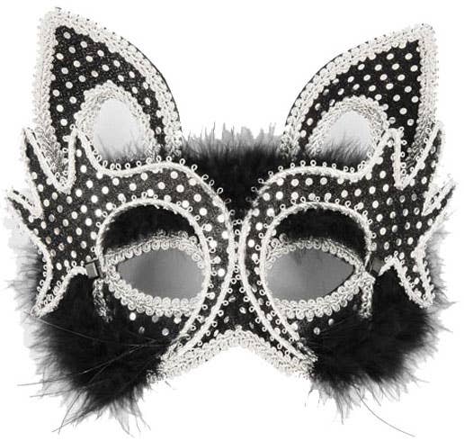 Black and Silver Sequinned Cat Masquerade Mask with Ears View 2