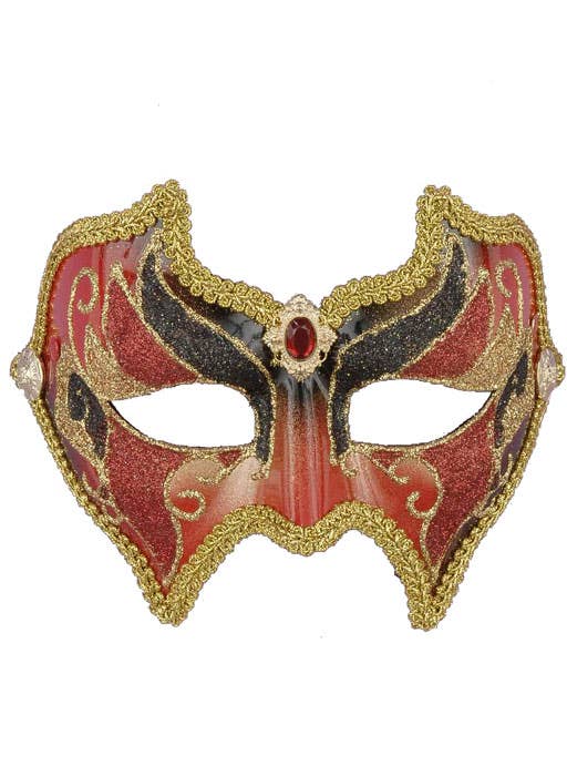 Black Gold and Red Venetian Men's Masquerade Mask with Centre Jewel