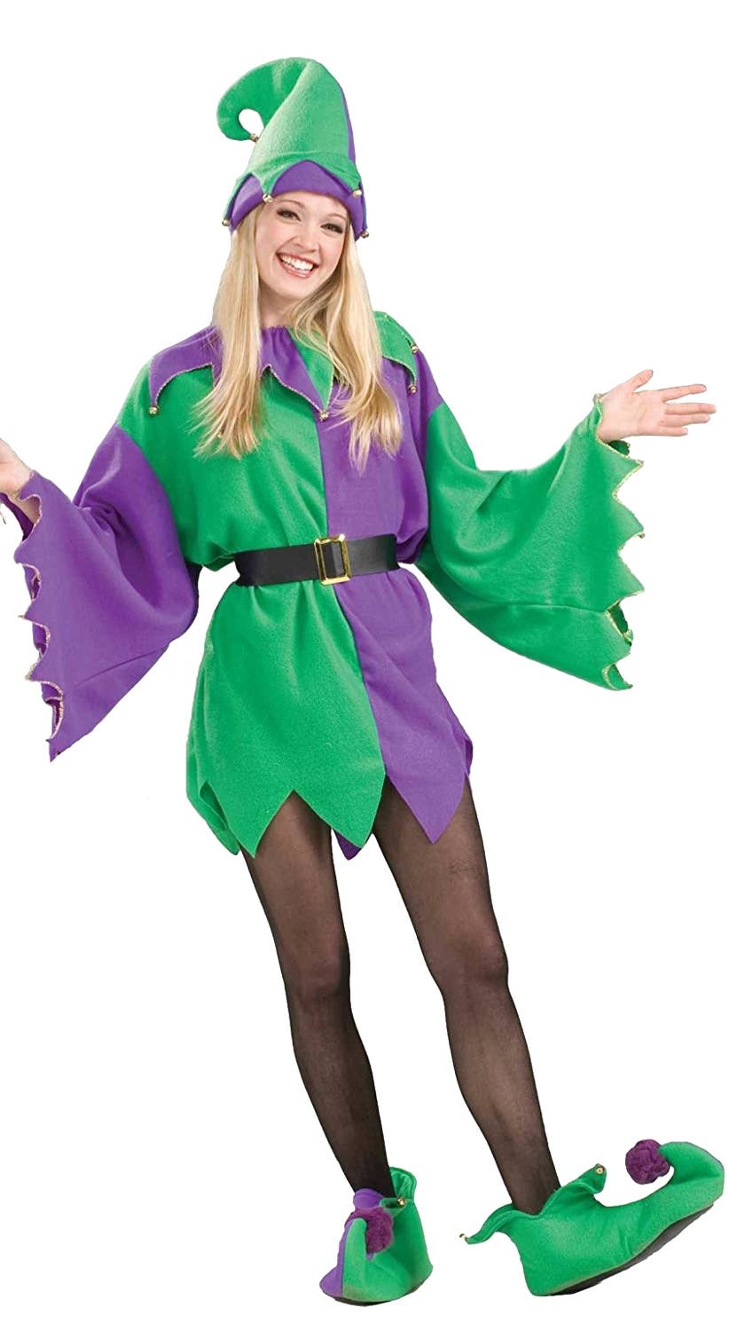 Women's Green and Purple Christmas Elf Helper Costume - Main Image
