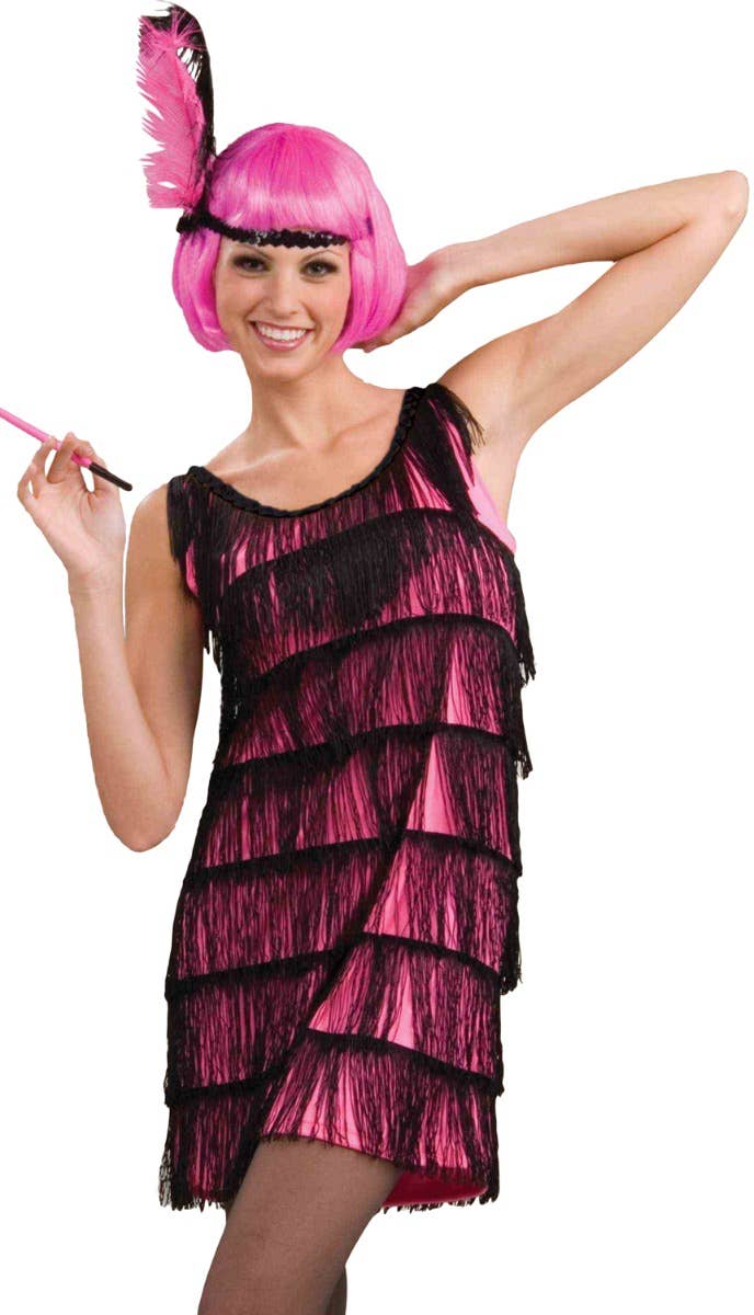 Jazzy Pink and Black Fringed 1920's Women's Flapper Dress Close Image