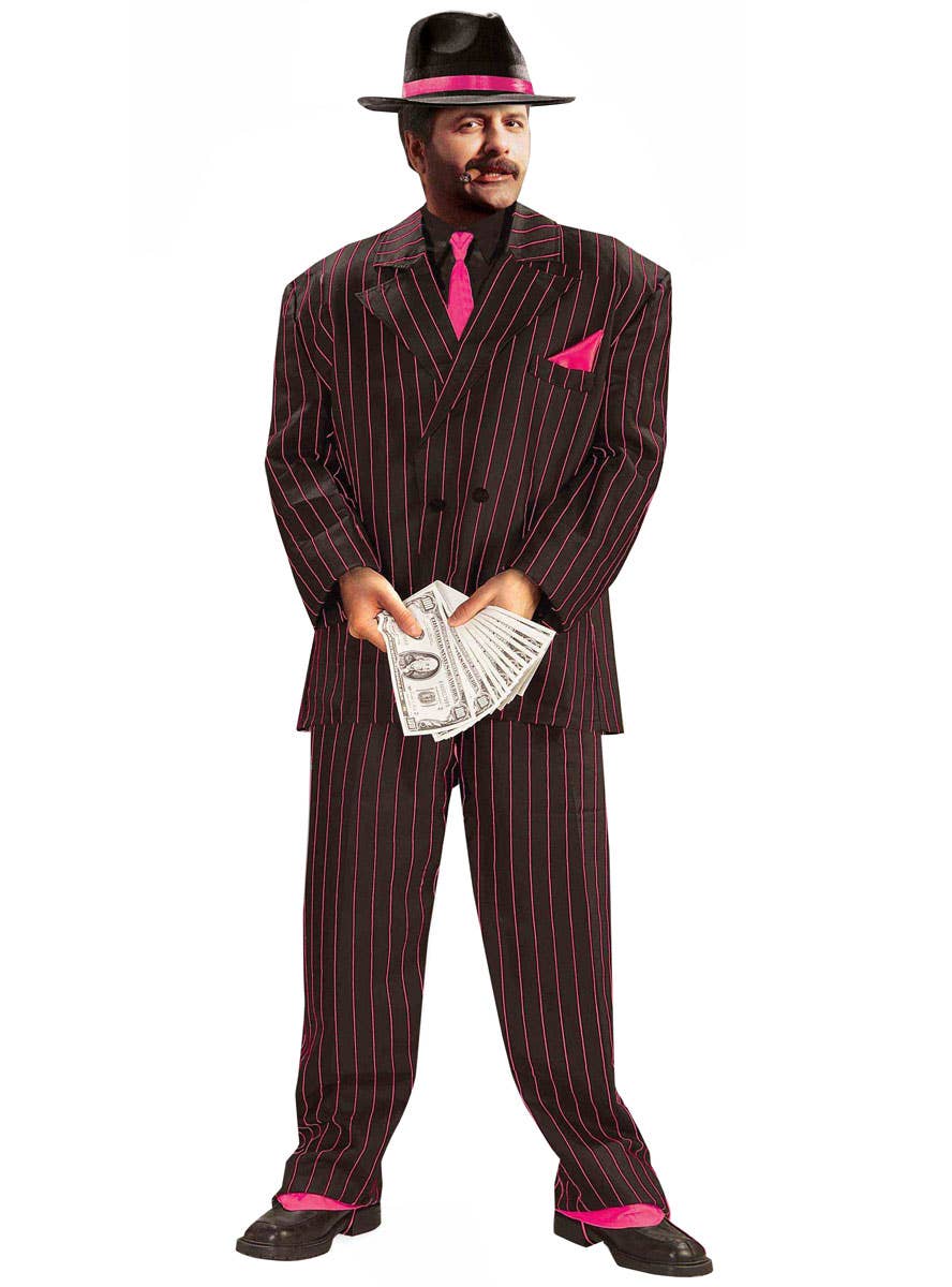 Mens Black and Pink Pinstripe 1920s Gangster Suit - Main Image