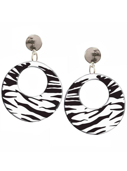 Black and White Zebra Print Clip On 80s Costume Accessory Earrings - Main Image