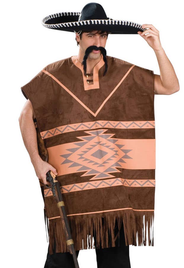 Men's Brown Pattern Mexican Costume Poncho - Close Up Image