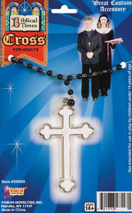 Religious Rosary Beads Costume Necklace with White and Silver Cross 