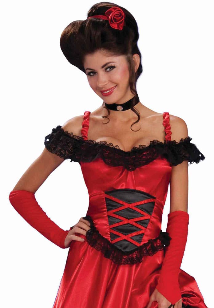 Womens Red and Black Sexy Saloon Girl Western Costume - Head Image