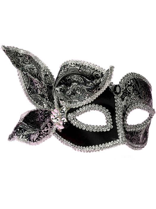 Black and Silver Satin Brocade Masquerade Mask View 1