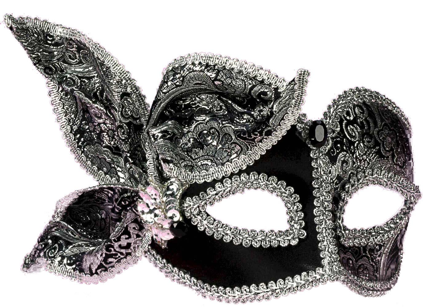 Black and Silver Satin Brocade Masquerade Mask View 2