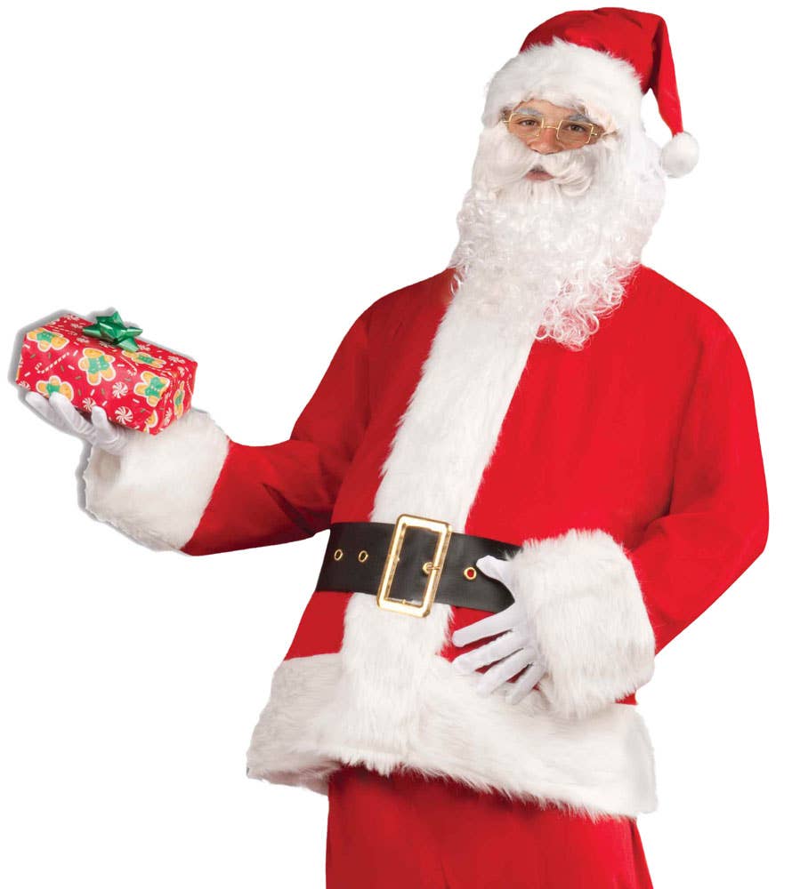 Jolly Men's Red Plush Father Christmas Santa Claus Fancy Dress Costume Close Up Image