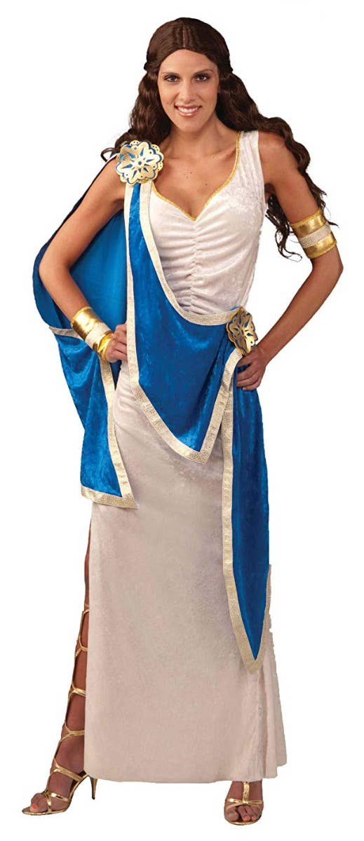 Greek Goddess Women's White Blue Gold Toga Fancy Dress Costume Front
