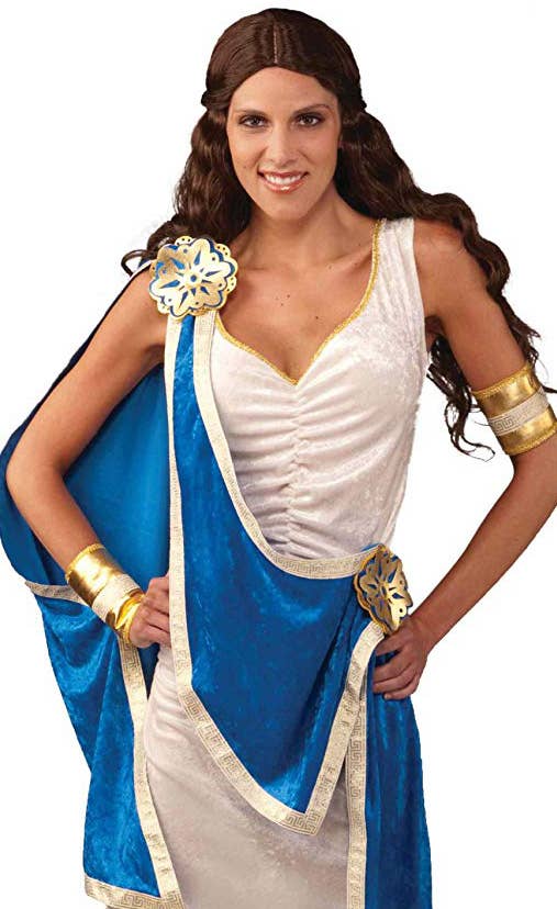 Greek Goddess Women's White Blue Gold Toga Fancy Dress Costume Close