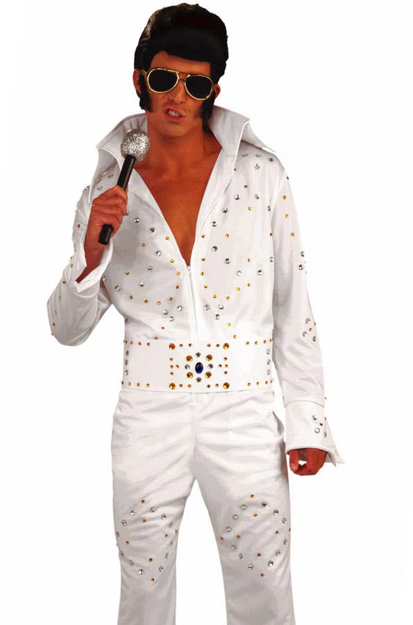 Men's White Flared Vegas Superstar Elvis Presley Costume Jumpsuit Close Image