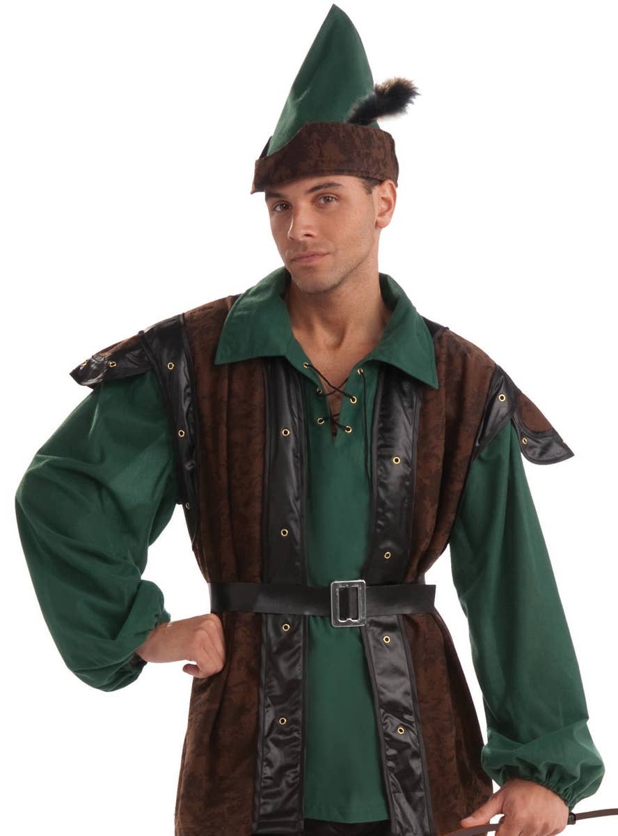 Deluxe Men's Robin Hood Hunter Fancy Dress Costume Close 
Up