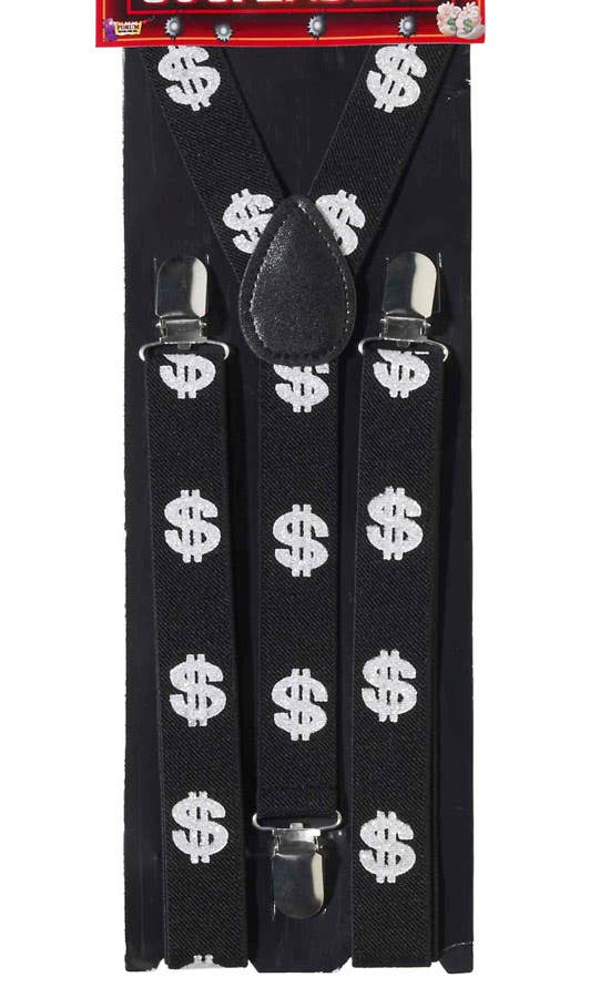 Adjustable Black Gangster Costume Suspenders with Silver Glitter Dollar Signs - Alternative View