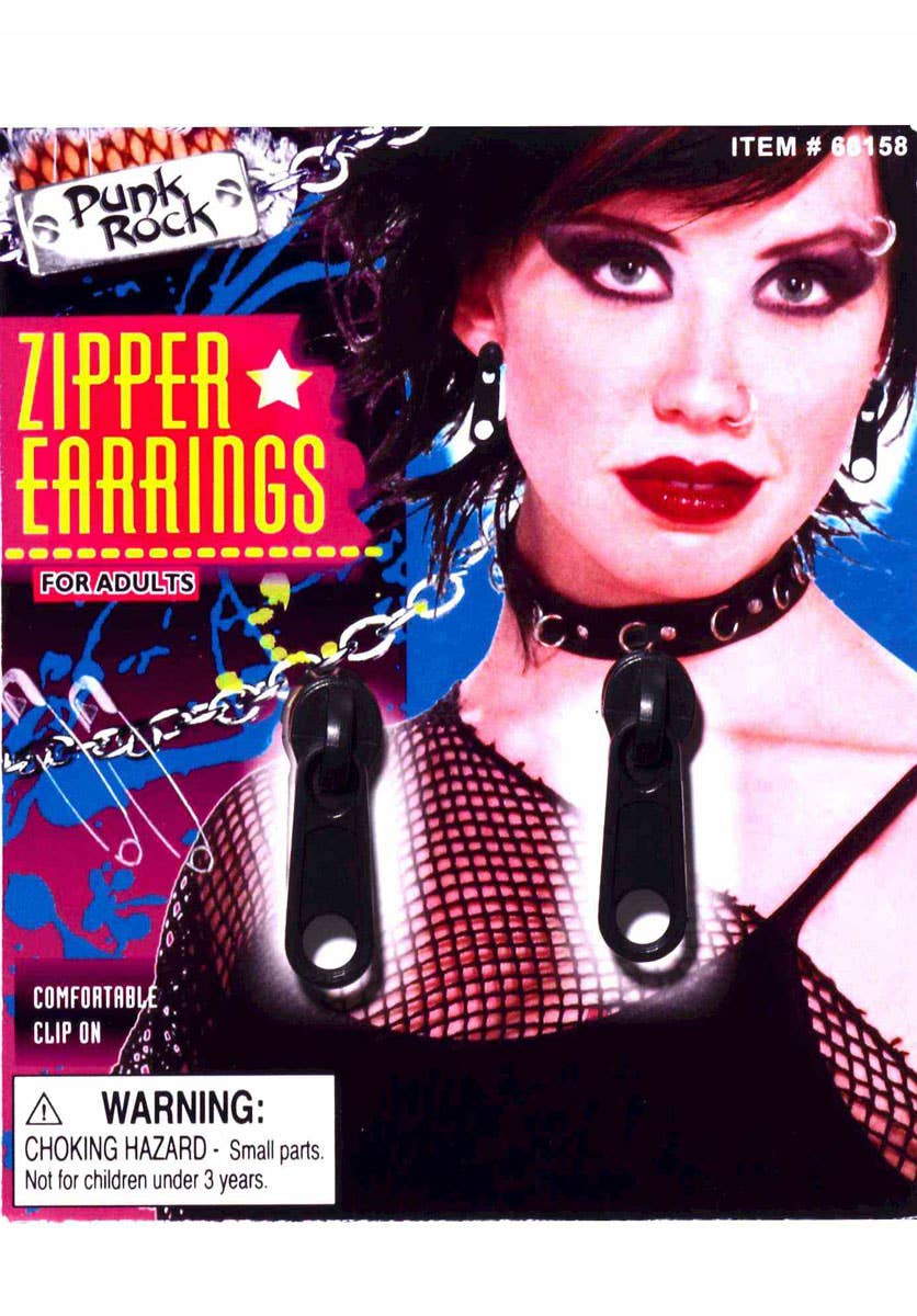 Clip on Black Zipper 80s Costume Earrings - Main Image