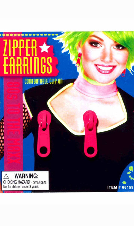 Women's Hot Pink Fluro Zipper Clip On 80s Costume Earrings - Main Image