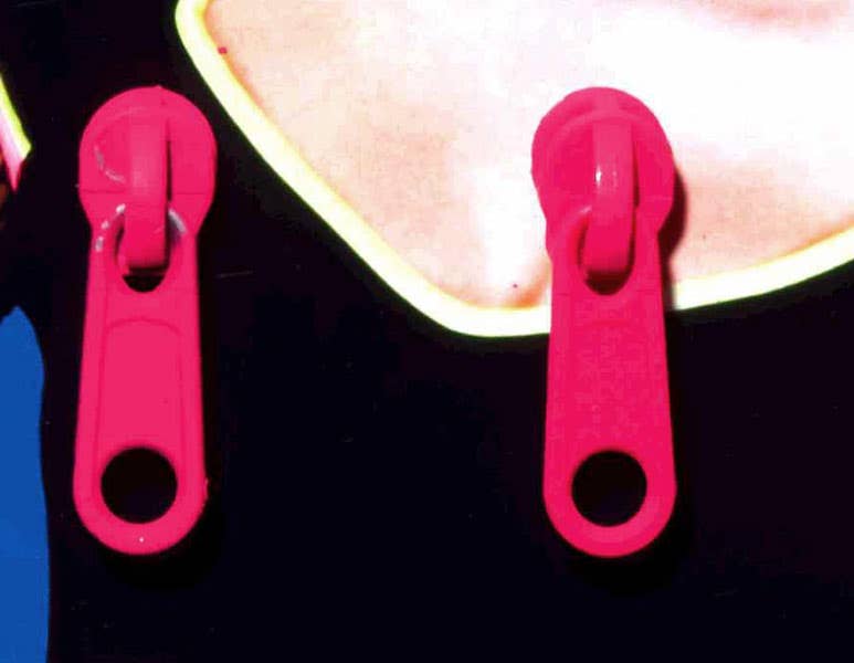 Women's Hot Pink Fluro Zipper Clip On 80s Costume Earrings - Close Up Image