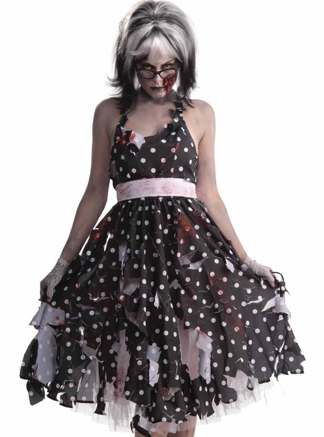 Black Polka Dot Women's Zombie House Wife Costume Close Up