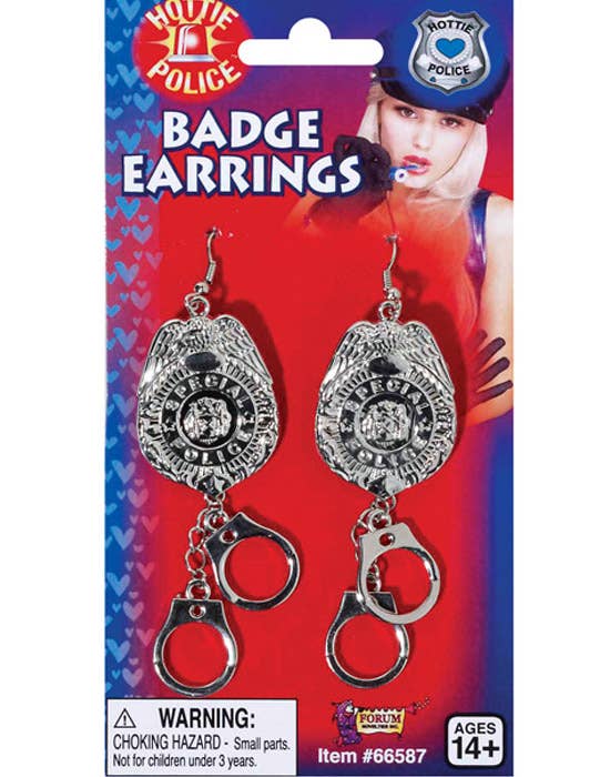 Clip on Silver Plastic Police Badge and Handcuffs Costume Earrings - Main View 