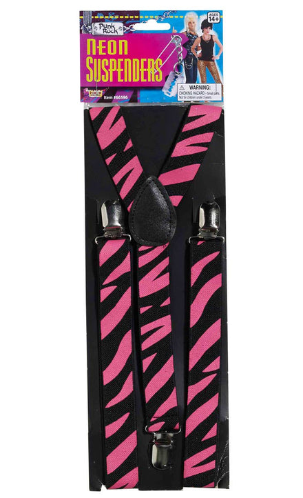 Black and Pink Zebra Print 80s Costume Braces - Main Image